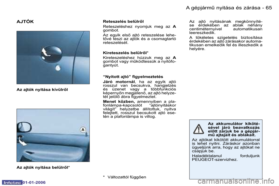 Peugeot 206 CC 2006  Kezelési útmutató (in Hungarian) �6�5
�-�A� �g�é�p�j�á�r�mC� �n�y�i�t�á�s�a� �é�s� �z�á�r�á�s�a
�0�1�-�0�1�-�2�0�0�6
�A�J�T�Ó�K�R�e�t�e�s�z�e�l�é�s� �b�e�l�ü�l�r�l 
�R�e�t�e�s�z�e�l�é�s�h�e�z�  �n�y�o�m�j�u�k�  �m�e�g�  