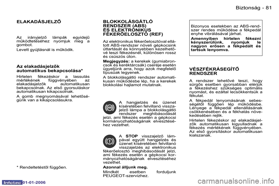 Peugeot 206 CC 2006  Kezelési útmutató (in Hungarian) �8�1
�-�B�i�z�t�o�n�s�á�g
�0�1�-�0�1�-�2�0�0�6
�B�L�O�K�K�O�L�Á�S�G�Á�T�L�Ó�  
�R�E�N�D�S�Z�E�R� �(�A�B�S�)� 
�É�S� �E�L�E�K�T�R�O�N�I�K�U�S� 
�F�É�K�E�R�E�L�O�S�Z�T�Ó� �(�R�E�F�)
�A�z� �e�l�
