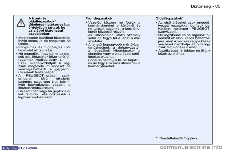 Peugeot 206 CC 2006  Kezelési útmutató (in Hungarian) �8�5
�-�B�i�z�t�o�n�s�á�g
�0�1�-�0�1�-�2�0�0�6
�A� �f�r�o�n�t�-� �é�s�  
�o�l�d�a�l�l�é�g�z�s�á�k�o�k�*� 
�t�ö�k�é�l�e�t�e�s� �h�a�t�é�k�o�n�y�s�á�g�a� 
�é�r�d�e�k�é�b�e�n� �t�a�r�t�s�u�k� �