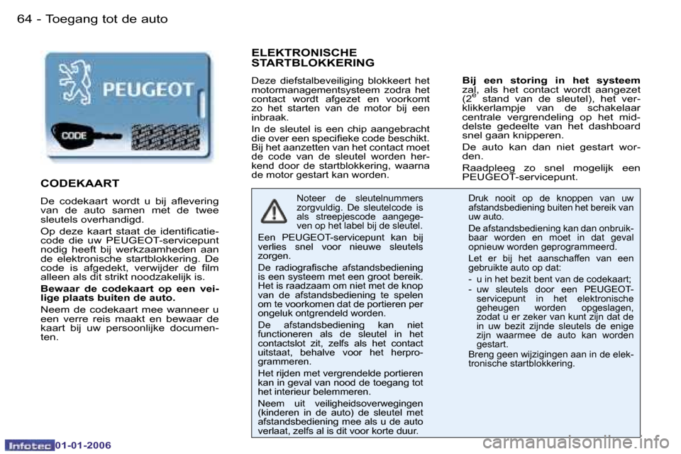 Peugeot 206 CC 2006  Handleiding (in Dutch) �6�4 �-�T�o�e�g�a�n�g� �t�o�t� �d�e� �a�u�t�o
�0�1�-�0�1�-�2�0�0�6
�E�L�E�K�T�R�O�N�I�S�C�H�E�  
�S�T�A�R�T�B�L�O�K�K�E�R�I�N�G
�D�e�z�e�  �d�i�e�f�s�t�a�l�b�e�v�e�i�l�i�g�i�n�g�  �b�l�o�k�k�e�e�r�t� 