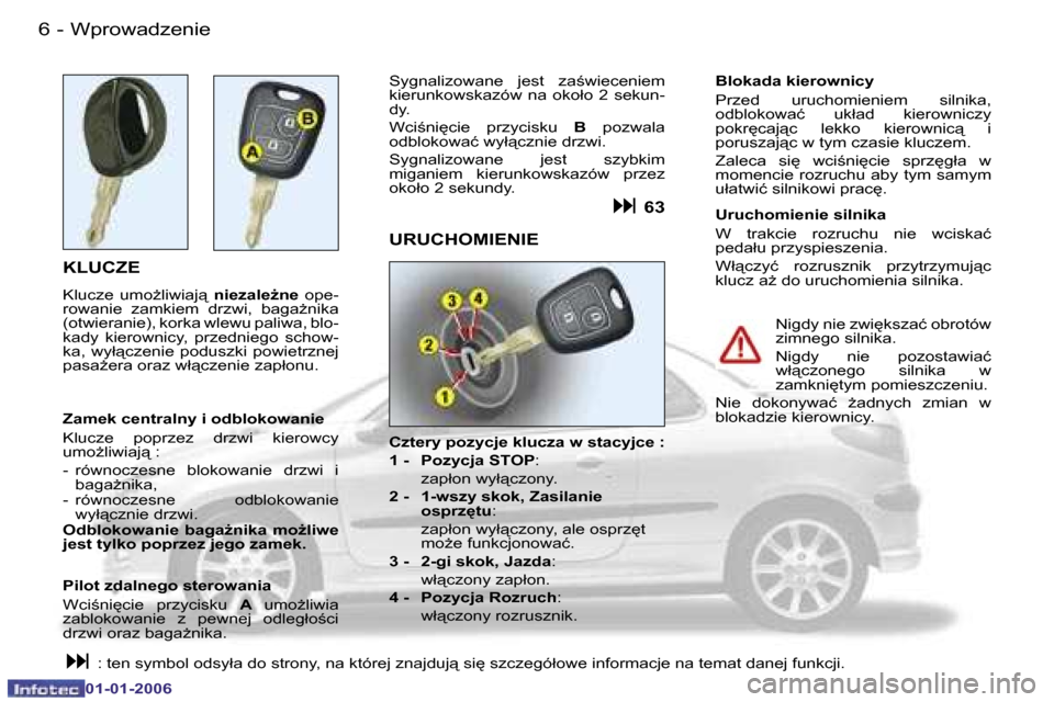 Peugeot 206 CC 2006  Instrukcja Obsługi (in Polish) �6 �-�W�p�r�o�w�a�d�z�e�n�i�e
�0�1�-�0�1�-�2�0�0�6
�K�L�U�C�Z�E
�K�l�u�c�z�e�  �u�m�oG�l�i�w�i�a�j"� 
�n�i�e�z�a�l�eG�n�e� �o�p�e�-
�r�o�w�a�n�i�e�  �z�a�m�k�i�e�m�  �d�r�z�w�i�,�  �b�a�g�aG�n�i�k