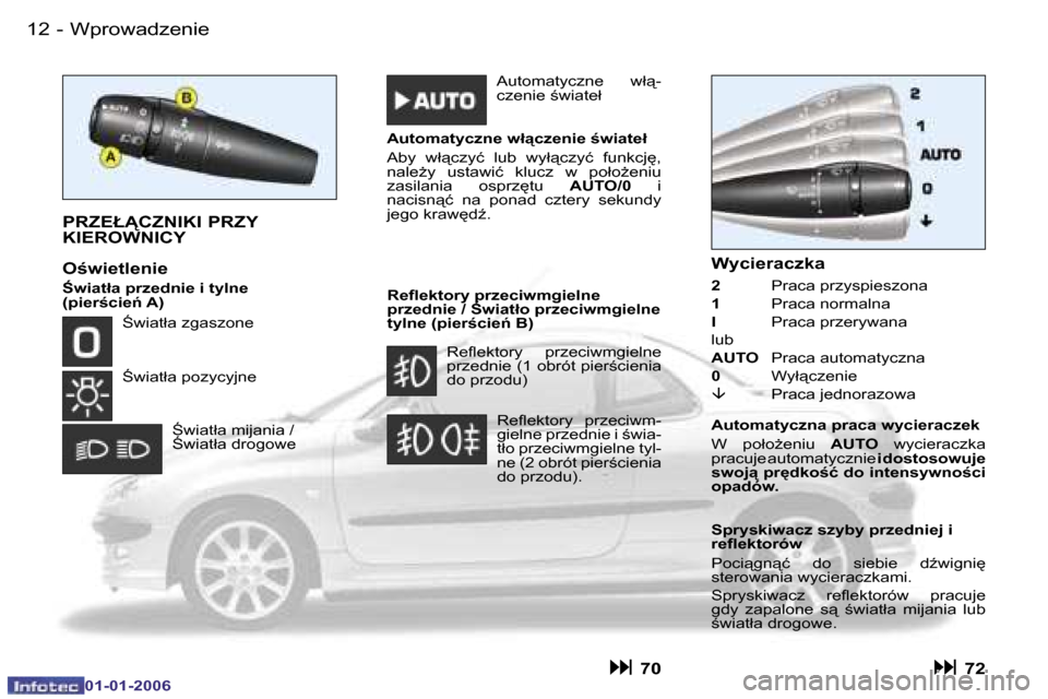 Peugeot 206 CC 2006  Instrukcja Obsługi (in Polish) �1�2 �-�W�p�r�o�w�a�d�z�e�n�i�e
�0�1�-�0�1�-�2�0�0�6
�P�R�Z�E�Ł�C�Z�N�I�K�I� �P�R�Z�Y�  
�K�I�E�R�O�W�N�I�C�Y
�O�w�i�e�t�l�e�n�i�e
�R�e�ﬂ�e�k�t�o�r�y �p�r�z�e�c�i�w�m�g�i�e�l�n�e 
�p�r�z�e�d�n�