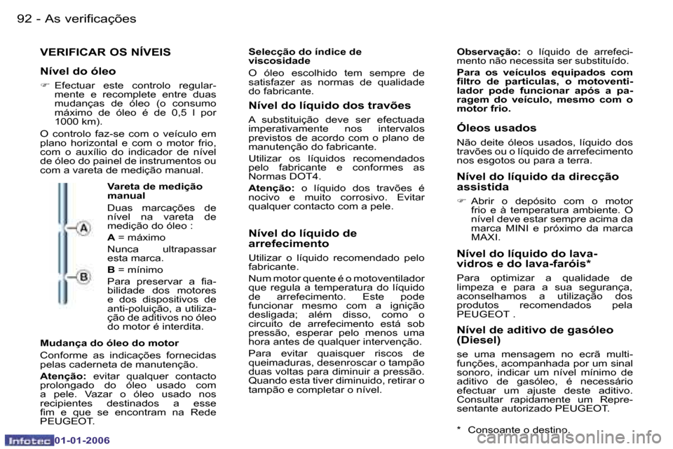 Peugeot 206 CC 2006  Manual do proprietário (in Portuguese) �9�2 �-�A�s� �v�e�r�i�f�i�c�a�ç�õ�e�s
�0�1�-�0�1�-�2�0�0�6
�V�E�R�I�F�I�C�A�R� �O�S� �N�Í�V�E�I�S
�N�í�v�e�l� �d�o� �ó�l�e�o 
�
�  �E�f�e�c�t�u�a�r�  �e�s�t�e�  �c�o�n�t�r�o�l�o�  �r�e�g�u�l�a