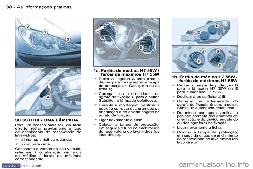 Peugeot 206 CC 2006  Manual do proprietário (in Portuguese) �9�8 �-�A�s� �i�n�f�o�r�m�a�ç�õ�e�s� �p�r�á�t�i�c�a�s
�0�1�-�0�1�-�2�0�0�6
�S�U�B�S�T�I�T�U�I�R� �U�M�A� �L�Â�M�P�A�D�A
�P�a�r�a�  �u�m�  �a�c�e�s�s�o�  �m�a�i�s�  �f�á�i�l�,
�  �d�o�  �l�a�d�o� 