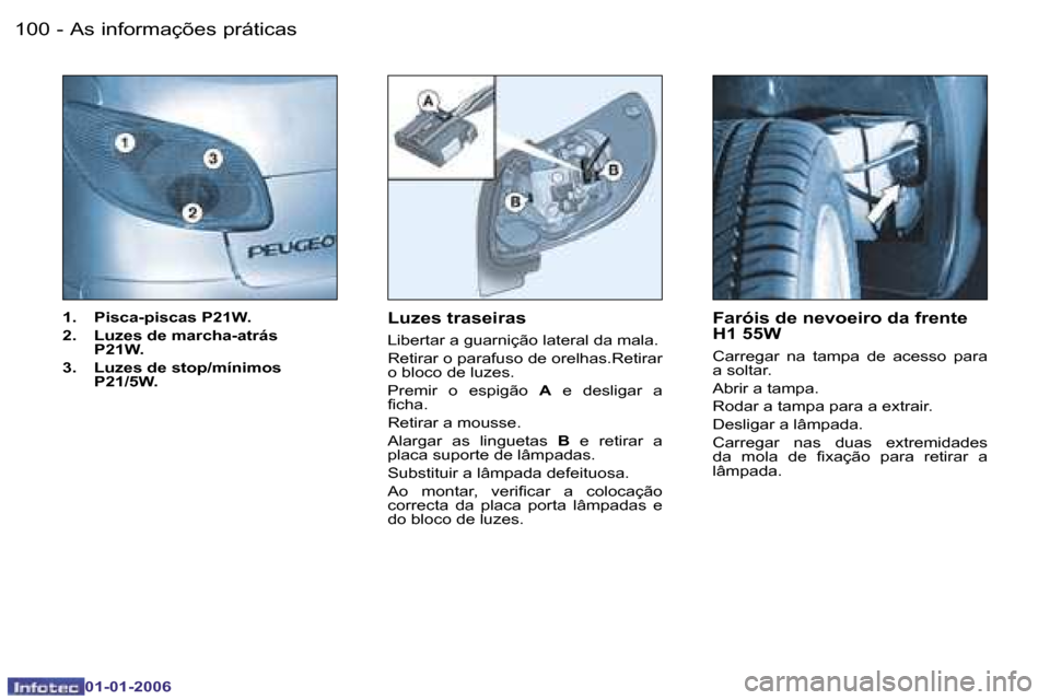 Peugeot 206 CC 2006  Manual do proprietário (in Portuguese) �1�0�0 �-�A�s� �i�n�f�o�r�m�a�ç�õ�e�s� �p�r�á�t�i�c�a�s
�0�1�-�0�1�-�2�0�0�6
�1�.�  �P�i�s�c�a�-�p�i�s�c�a�s� �P�2�1�W�. 
�2�.�  �L�u�z�e�s� �d�e� �m�a�r�c�h�a�-�a�t�r�á�s� � �P�2�1�W�.
�3�.�  �L�