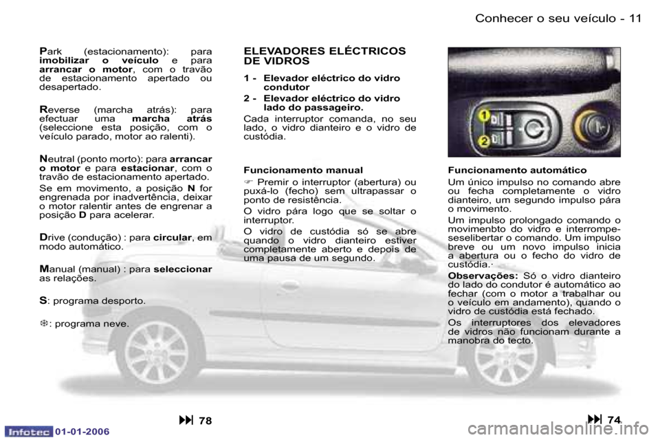 Peugeot 206 CC 2006  Manual do proprietário (in Portuguese) �1�1
�-�C�o�n�h�e�c�e�r� �o� �s�e�u� �v�e�í�c�u�l�o
�0�1�-�0�1�-�2�0�0�6
�F�u�n�c�i�o�n�a�m�e�n�t�o� �a�u�t�o�m�á�t�i�c�o 
�U�m� �ú�n�i�c�o� �i�m�p�u�l�s�o� �n�o� �c�o�m�a�n�d�o� �a�b�r�e�  
�o�u� 