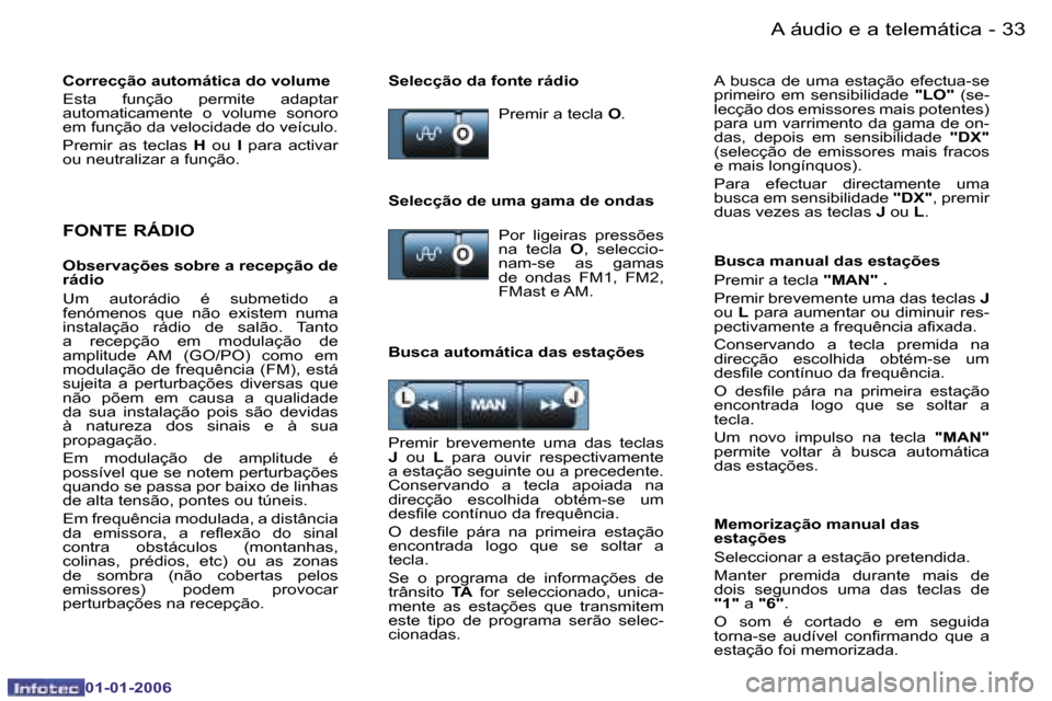 Peugeot 206 CC 2006  Manual do proprietário (in Portuguese) �3�3
�-�A� �á�u�d�i�o� �e� �a� �t�e�l�e�m�á�t�i�c�a
�0�1�-�0�1�-�2�0�0�6
�F�O�N�T�E� �R�Á�D�I�O
�O�b�s�e�r�v�a�ç�õ�e�s� �s�o�b�r�e� �a� �r�e�c�e�p�ç�ã�o� �d�e�  
�r�á�d�i�o 
�U�m�  �a�u�t�o�r�
