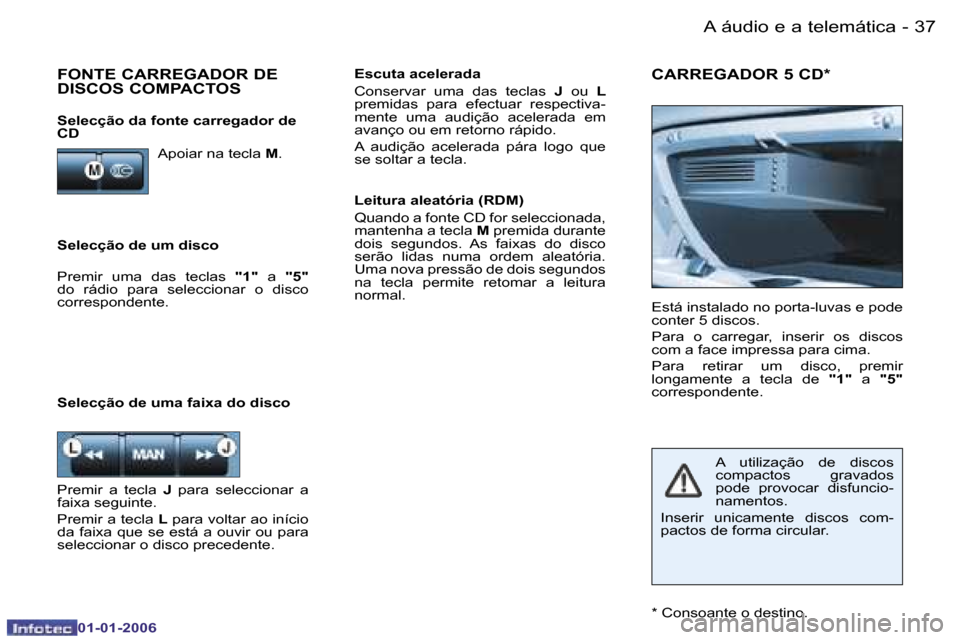 Peugeot 206 CC 2006  Manual do proprietário (in Portuguese) �3�7
�-�A� �á�u�d�i�o� �e� �a� �t�e�l�e�m�á�t�i�c�a
�0�1�-�0�1�-�2�0�0�6
�S�e�l�e�c�ç�ã�o� �d�e� �u�m� �d�i�s�c�o �E�s�c�u�t�a� �a�c�e�l�e�r�a�d�a 
�C�o�n�s�e�r�v�a�r�  �u�m�a�  �d�a�s�  �t�e�c�l�