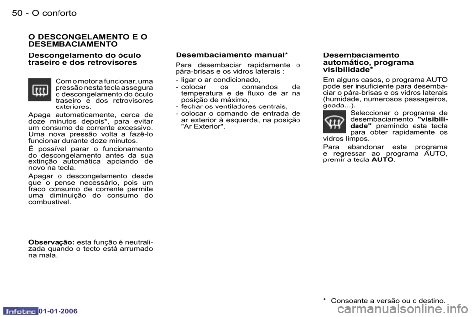 Peugeot 206 CC 2006  Manual do proprietário (in Portuguese) �5�0 �-�O� �c�o�n�f�o�r�t�o
�0�1�-�0�1�-�2�0�0�6
�O� �D�E�S�C�O�N�G�E�L�A�M�E�N�T�O� �E� �O�  
�D�E�S�E�M�B�A�C�I�A�M�E�N�T�O
�C�o�m� �o� �m�o�t�o�r� �a� �f�u�n�c�i�o�n�a�r�,� �u�m�a�  
�p�r�e�s�s�ã�
