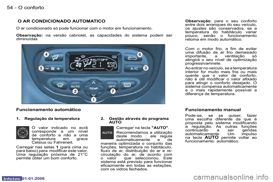 Peugeot 206 CC 2006  Manual do proprietário (in Portuguese) �5�4 �-�O� �c�o�n�f�o�r�t�o
�0�1�-�0�1�-�2�0�0�6
�O�b�s�e�r�v�a�ç�ã�o�:�  �n�a�  �v�e�r�s�ã�o�  �c�a�b�r�i�o�l�e�t�,�  �a�s�  �c�a�p�a�c�i�d�a�d�e�s�  �d�o�  �s�i�s�t�e�m�a�  �p�o�d�e�m�  �s�e�r� 
