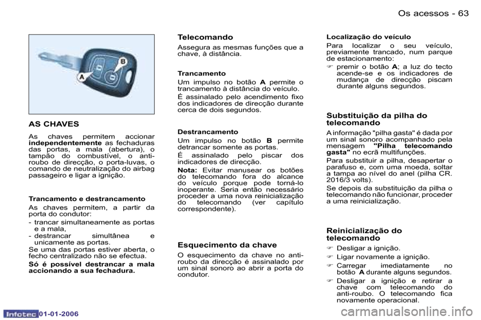 Peugeot 206 CC 2006  Manual do proprietário (in Portuguese) �6�3
�-�O�s� �a�c�e�s�s�o�s
�0�1�-�0�1�-�2�0�0�6
�A�S� �C�H�A�V�E�S
�A�s�  �c�h�a�v�e�s�  �p�e�r�m�i�t�e�m�  �a�c�c�i�o�n�a�r�  
�i�n�d�e�p�e�n�d�e�n�t�e�m�e�n�t�e� 
�a�s�  �f�e�c�h�a�d�u�r�a�s� 
�d�a
