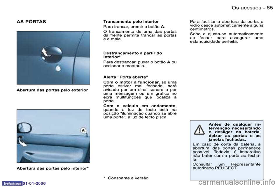 Peugeot 206 CC 2006  Manual do proprietário (in Portuguese) �6�5
�-�O�s� �a�c�e�s�s�o�s
�0�1�-�0�1�-�2�0�0�6
�A�S� �P�O�R�T�A�S�T�r�a�n�c�a�m�e�n�t�o� �p�e�l�o� �i�n�t�e�r�i�o�r 
�P�a�r�a� �t�r�a�n�c�a�r�,� �p�r�e�m�i�r� �o� �b�o�t�ã�o� 
�A�.
�O�  �t�r�a�n�c�