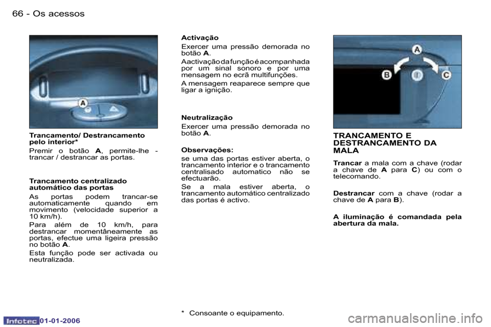 Peugeot 206 CC 2006  Manual do proprietário (in Portuguese) �6�6 �-�O�s� �a�c�e�s�s�o�s
�0�1�-�0�1�-�2�0�0�6
�T�R�A�N�C�A�M�E�N�T�O� �E�  
�D�E�S�T�R�A�N�C�A�M�E�N�T�O� �D�A� 
�M�A�L�A� 
�T�r�a�n�c�a�r� �a�  �m�a�l�a�  �c�o�m�  �a�  �c�h�a�v�e�  �(�r�o�d�a�r� 