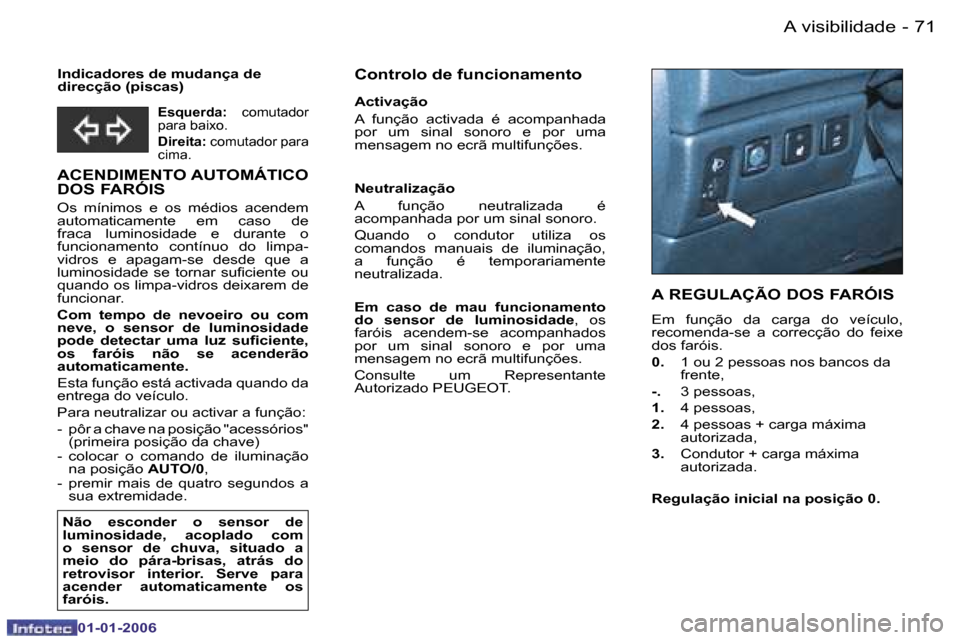 Peugeot 206 CC 2006  Manual do proprietário (in Portuguese) �7�1
�-
�A� �v�i�s�i�b�i�l�i�d�a�d�e
�0�1�-�0�1�-�2�0�0�6
�I�n�d�i�c�a�d�o�r�e�s� �d�e� �m�u�d�a�n�ç�a� �d�e�  
�d�i�r�e�c�ç�ã�o� �(�p�i�s�c�a�s�)
�A�C�E�N�D�I�M�E�N�T�O� �A�U�T�O�M�Á�T�I�C�O�  
�