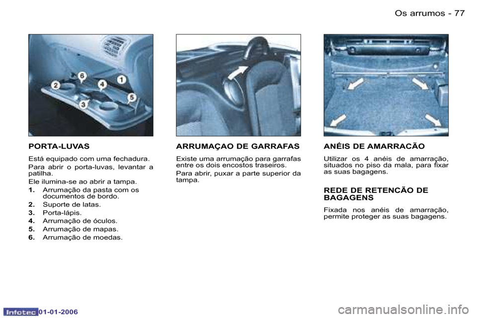 Peugeot 206 CC 2006  Manual do proprietário (in Portuguese) �7�7
�-�O�s� �a�r�r�u�m�o�s
�0�1�-�0�1�-�2�0�0�6
�P�O�R�T�A�-�L�U�V�A�S
�E�s�t�á� �e�q�u�i�p�a�d�o� �c�o�m� �u�m�a� �f�e�c�h�a�d�u�r�a�. 
�P�a�r�a�  �a�b�r�i�r�  �o�  �p�o�r�t�a�-�l�u�v�a�s�,�  �l�e�
