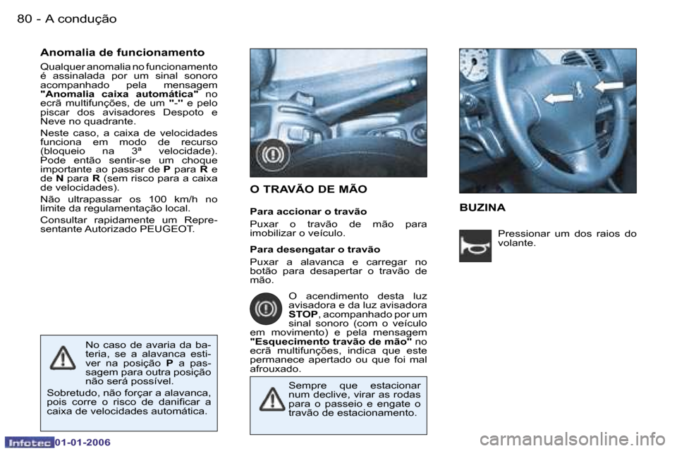 Peugeot 206 CC 2006  Manual do proprietário (in Portuguese) �8�0 �-�A� �c�o�n�d�u�ç�ã�o
�0�1�-�0�1�-�2�0�0�6
�A�n�o�m�a�l�i�a� �d�e� �f�u�n�c�i�o�n�a�m�e�n�t�o 
�Q�u�a�l�q�u�e�r� �a�n�o�m�a�l�i�a� �n�o� �f�u�n�c�i�o�n�a�m�e�n�t�o�  
�é�  �a�s�s�i�n�a�l�a�d�