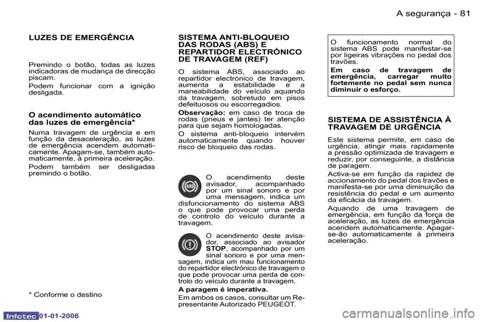 Peugeot 206 CC 2006  Manual do proprietário (in Portuguese) �8�1
�-�A� �s�e�g�u�r�a�n�ç�a
�0�1�-�0�1�-�2�0�0�6
�S�I�S�T�E�M�A� �A�N�T�I�-�B�L�O�Q�U�E�I�O�  
�D�A�S� �R�O�D�A�S� �(�A�B�S�)� �E� 
�R�E�P�A�R�T�I�D�O�R� �E�L�E�C�T�R�Ó�N�I�C�O� 
�D�E� �T�R�A�V�A�