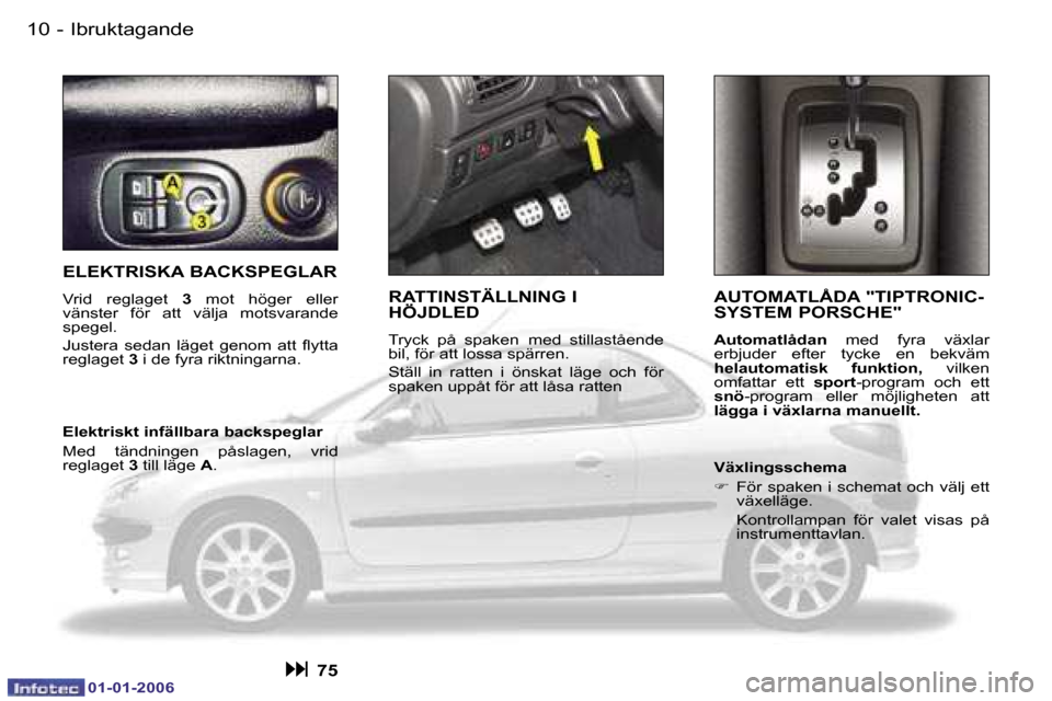 Peugeot 206 CC 2006  Ägarmanual (in Swedish) �1�0 �-�I�b�r�u�k�t�a�g�a�n�d�e
�0�1�-�0�1�-�2�0�0�6
�E�L�E�K�T�R�I�S�K�A� �B�A�C�K�S�P�E�G�L�A�R
�V�r�i�d�  �r�e�g�l�a�g�e�t� �3�  �m�o�t�  �h�ö�g�e�r�  �e�l�l�e�r� 
�v�ä�n�s�t�e�r�  �f�ö�r�  �a�t