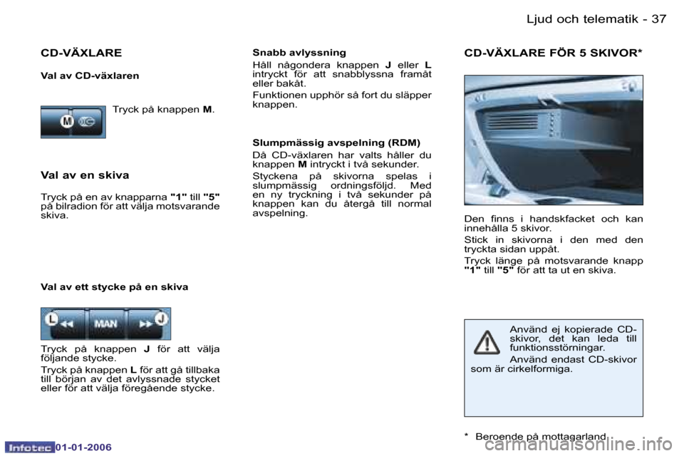 Peugeot 206 CC 2006  Ägarmanual (in Swedish) �3�7
�-�L�j�u�d� �o�c�h� �t�e�l�e�m�a�t�i�k
�0�1�-�0�1�-�2�0�0�6
�V�a�l� �a�v� �e�n� �s�k�i�v�a
�S�n�a�b�b� �a�v�l�y�s�s�n�i�n�g 
�H�å�l�l�  �n�å�g�o�n�d�e�r�a�  �k�n�a�p�p�e�n� 
�J�  �e�l�l�e�r�  �