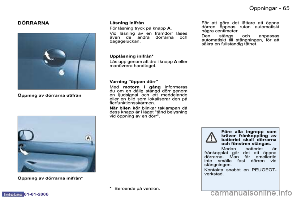 Peugeot 206 CC 2006  Ägarmanual (in Swedish) �6�5
�-�Ö�p�p�n�i�n�g�a�r
�0�1�-�0�1�-�2�0�0�6
�D�Ö�R�R�A�R�N�A�L�å�s�n�i�n�g� �i�n�i�f�r�å�n 
�F�ö�r� �l�å�s�n�i�n�g� �t�r�y�c�k� �p�å� �k�n�a�p�p� 
�A�.
�V�i�d�  �l�å�s�n�i�n�g�  �a�v�  �e�n