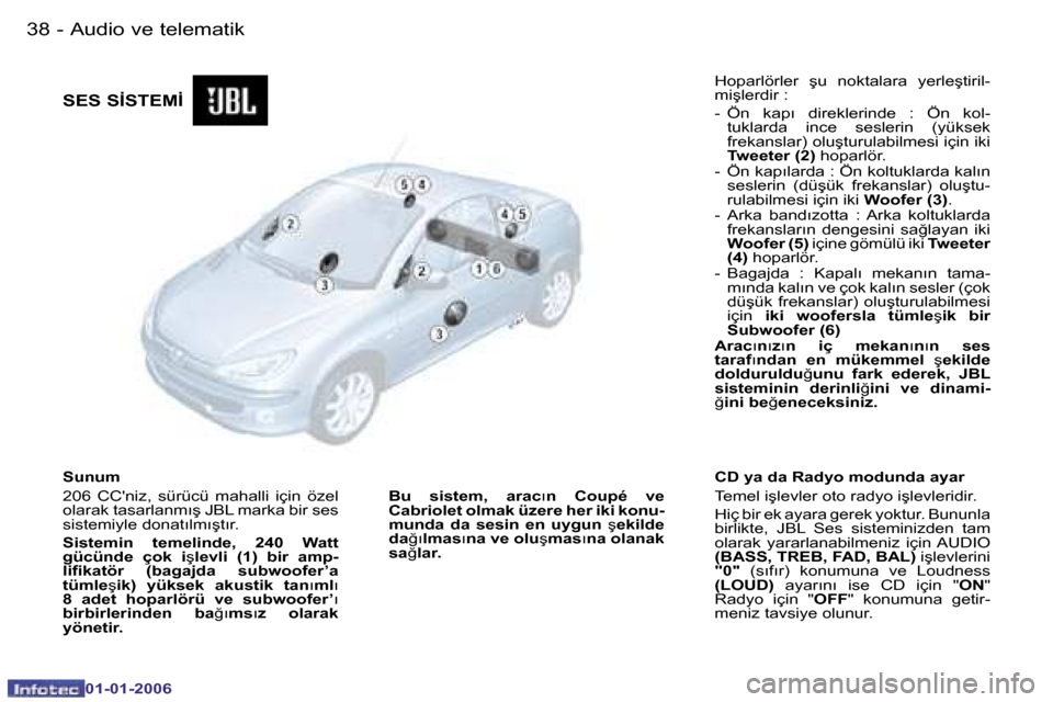 Peugeot 206 CC 2006  Kullanım Kılavuzu (in Turkish) �3�8 �-�A�u�d�i�o� �v�e� �t�e�l�e�m�a�t�i�k
�0�1�-�0�1�-�2�0�0�6
�S�u�n�u�m 
�2�0�6�  �C�C��n�i�z�,�  �s�ü�r�ü�c�ü�  �m�a�h�a�l�l�i�  �i�ç�i�n�  �ö�z�e�l�  
�o�l�a�r�a�k� �t�a�s�a�r�l�a�n�m�ı�