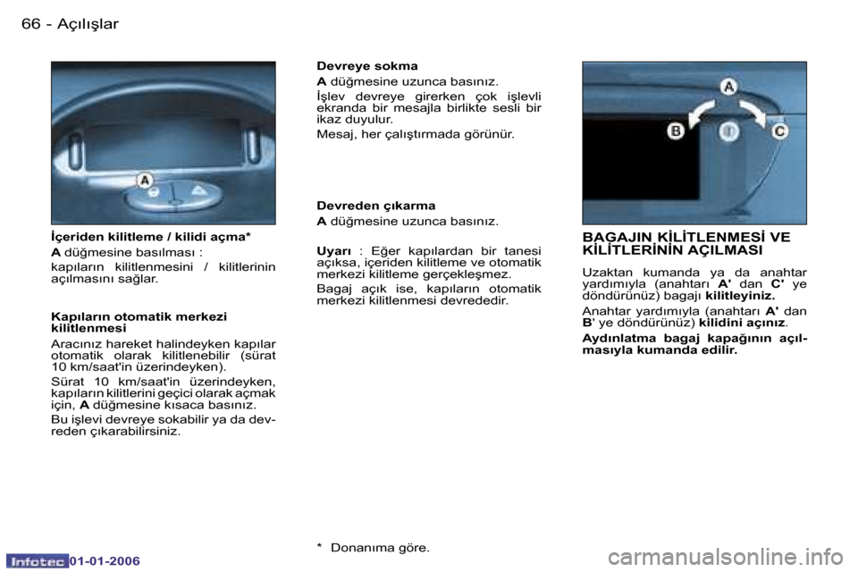 Peugeot 206 CC 2006  Kullanım Kılavuzu (in Turkish) �6�6 �-�A�ç�ı�l�ı�ş�l�a�r
�0�1�-�0�1�-�2�0�0�6
�B�A�G�A�J�I�N� �K�İ�L�İ�T�L�E�N�M�E�S�İ� �V�E�  
�K�İ�L�İ�T�L�E�R�İ�N�İ�N� �A�Ç�I�L�M�A�S�I
�U�z�a�k�t�a�n�  �k�u�m�a�n�d�a�  �y�a�  �d�a�  