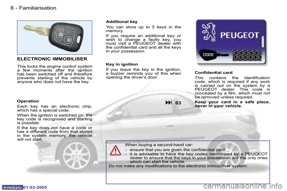 Peugeot 206 CC 2005  Owners Manual �8 �-�F�a�m�i�l�i�a�r�i�s�a�t�i�o�n
�0�1�-�0�3�-�2�0�0�5
�9
�-�F�a�m�i�l�i�a�r�i�s�a�t�i�o�n
�0�1�-�0�3�-�2�0�0�5
�E�L�E�C�T�R�O�N�I�C� �I�M�M�O�B�I�L�I�S�E�R
�T�h�i�s� �l�o�c�k�s� �t�h�e� �e�n�g�i�n�