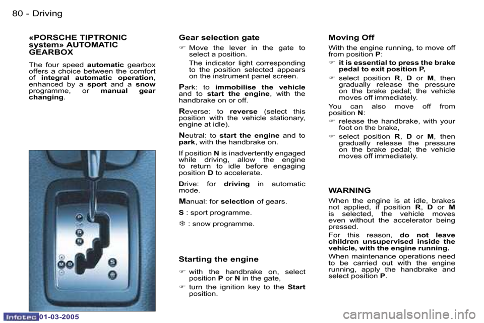 Peugeot 206 CC 2005 Manual Online �8�0 �-�D�r�i�v�i�n�g
�0�1�-�0�3�-�2�0�0�5
�8�1
�-�D�r�i�v�i�n�g
�0�1�-�0�3�-�2�0�0�5
�«�P�O�R�S�C�H�E� �T�I�P�T�R�O�N�I�C�  
�s�y�s�t�e�m�»� �A�U�T�O�M�A�T�I�C� 
�G�E�A�R�B�O�X
�T�h�e�  �f�o�u�r�  