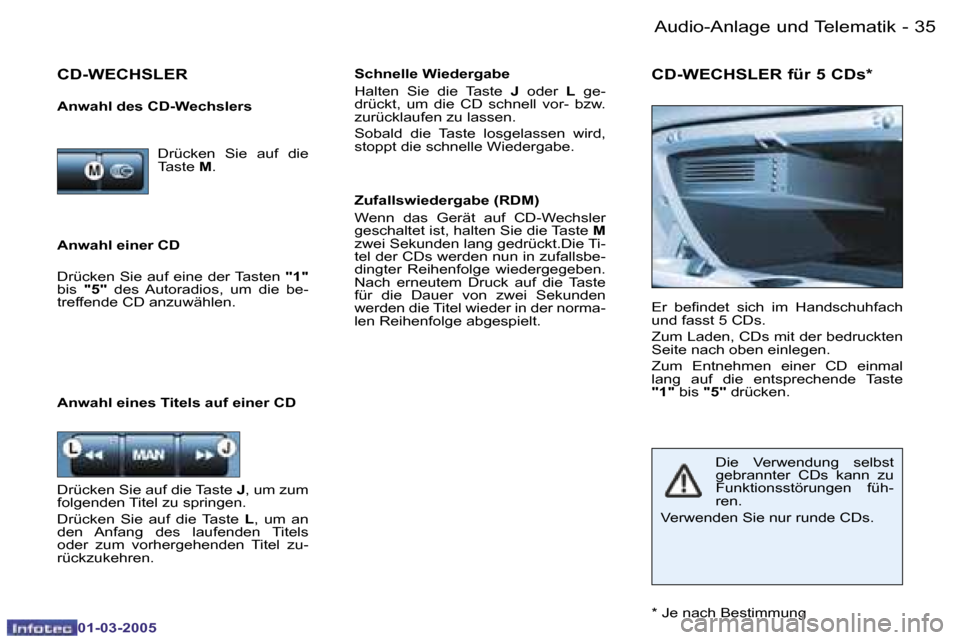 Peugeot 206 CC 2005  Betriebsanleitung (in German) �3�4 �-�A�u�d�i�o�-�A�n�l�a�g�e� �u�n�d� �T�e�l�e�m�a�t�i�k
�0�1�-�0�3�-�2�0�0�5
�3�5
�-�A�u�d�i�o�-�A�n�l�a�g�e� �u�n�d� �T�e�l�e�m�a�t�i�k
�0�1�-�0�3�-�2�0�0�5
�A�n�w�a�h�l� �e�i�n�e�r� �C�D�  �S�c�