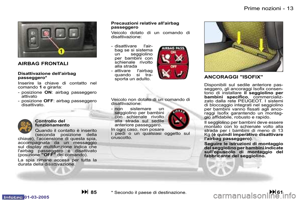 Peugeot 206 CC 2005  Manuale del proprietario (in Italian) �1�2 �-�P�r�i�m�e� �n�o�z�i�o�n�i
�0�1�-�0�3�-�2�0�0�5
�1�3
�-�P�r�i�m�e� �n�o�z�i�o�n�i
�0�1�-�0�3�-�2�0�0�5
�A�N�C�O�R�A�G�G�I� �"�I�S�O�F�I�X�"
�D�i�s�p�o�n�i�b�i�l�i�  �s�u�l�  �s�e�d�i�l�e�  �a�n