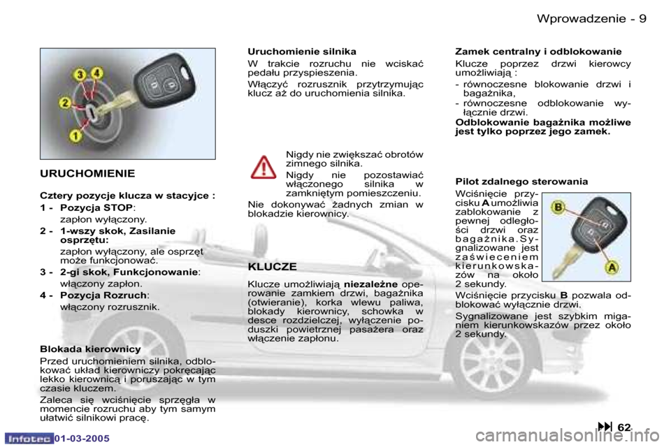 Peugeot 206 CC 2005  Instrukcja Obsługi (in Polish) �8 �-�W�p�r�o�w�a�d�z�e�n�i�e
�0�1�-�0�3�-�2�0�0�5
�9
�-�W�p�r�o�w�a�d�z�e�n�i�e
�0�1�-�0�3�-�2�0�0�5
�U�R�U�C�H�O�M�I�E�N�I�E
�C�z�t�e�r�y� �p�o�z�y�c�j�e� �k�l�u�c�z�a� �w� �s�t�a�c�y�j�c�e� �: 
�1�