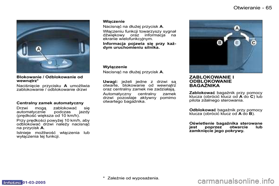 Peugeot 206 CC 2005  Instrukcja Obsługi (in Polish) �6�4 �-�O�t�w�i�e�r�a�n�i�e
�0�1�-�0�3�-�2�0�0�5
�6�5
�-�O�t�w�i�e�r�a�n�i�e
�0�1�-�0�3�-�2�0�0�5
�Z�A�B�L�O�K�O�W�A�N�I�E� �I�  
�O�D�B�L�O�K�O�W�A�N�I�E� 
�B�A�G�AF�N�I�K�A
�Z�a�b�l�o�k�o�w�a�ć� 
