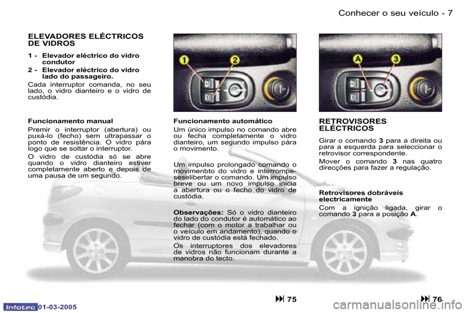 Peugeot 206 CC 2005  Manual do proprietário (in Portuguese) �6 �-�C�o�n�h�e�c�e�r� �o� �s�e�u� �v�e�í�c�u�l�o
�0�1�-�0�3�-�2�0�0�5
�7
�-�C�o�n�h�e�c�e�r� �o� �s�e�u� �v�e�í�c�u�l�o
�0�1�-�0�3�-�2�0�0�5
�R�E�T�R�O�V�I�S�O�R�E�S�  
�E�L�É�C�T�R�I�C�O�S
�G�i�r