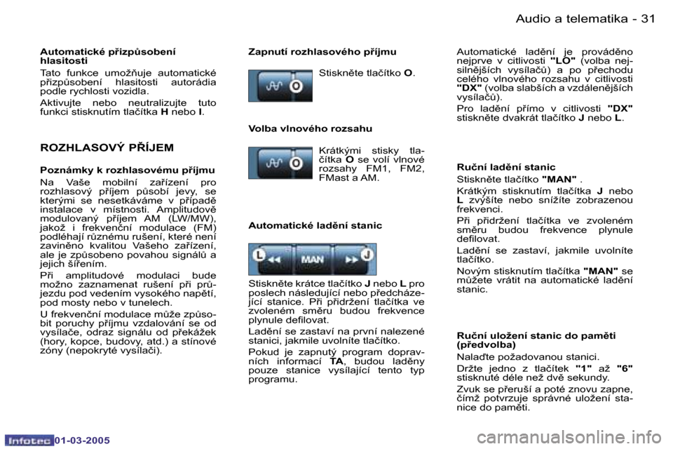 Peugeot 206 CC 2005  Návod k obsluze (in Czech) �3�0 �-�A�u�d�i�o� �a� �t�e�l�e�m�a�t�i�k�a
�0�1�-�0�3�-�2�0�0�5
�3�1
�-�A�u�d�i�o� �a� �t�e�l�e�m�a�t�i�k�a
�0�1�-�0�3�-�2�0�0�5
�R�O�Z�H�L�A�S�O�V�Ý� �P8�Í�J�E�M
�P�o�z�n�á�m�k�y� �k� �r�o�z�h�l