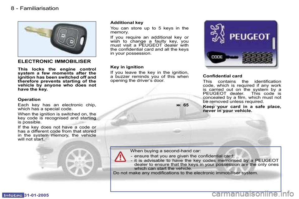 Peugeot 206 CC 2004.5  Owners Manual �8 �-
�3�1�-�0�1�-�2�0�0�5
�9
�-
�3�1�-�0�1�-�2�0�0�5
�F�a�m�i�l�i�a�r�i�s�a�t�i�o�n
�E�L�E�C�T�R�O�N�I�C� �I�M�M�O�B�I�L�I�S�E�R
�T�h�i�s�  �l�o�c�k�s�  �t�h�e�  �e�n�g�i�n�e�  �c�o�n�t�r�o�l�  
�s�y