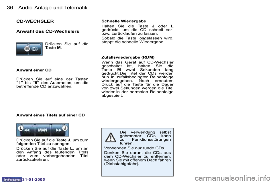 Peugeot 206 CC 2004.5  Betriebsanleitung (in German) �3�6 �-
�3�1�-�0�1�-�2�0�0�5
�3�7
�-
�3�1�-�0�1�-�2�0�0�5
�A�u�d�i�o�-�A�n�l�a�g�e� �u�n�d� �T�e�l�e�m�a�t�i�k
�A�n�w�a�h�l� �e�i�n�e�r� �C�D �S�c�h�n�e�l�l�e� �W�i�e�d�e�r�g�a�b�e 
�H�a�l�t�e�n�  �S�