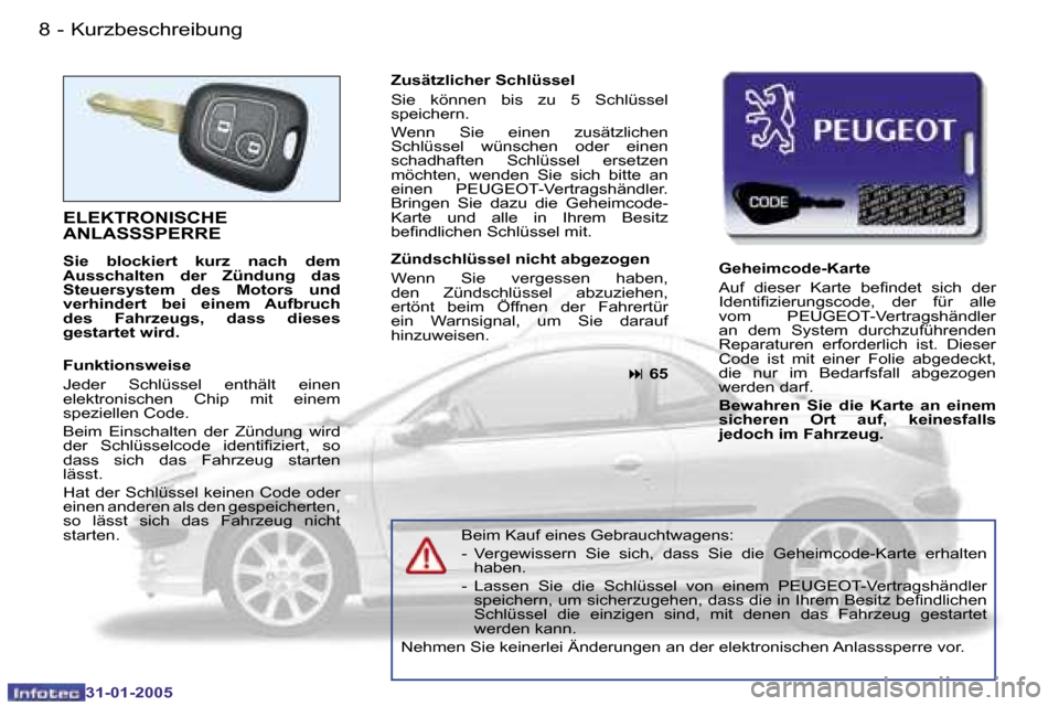Peugeot 206 CC 2004.5  Betriebsanleitung (in German) �8 �-
�3�1�-�0�1�-�2�0�0�5
�9
�-
�3�1�-�0�1�-�2�0�0�5
�K�u�r�z�b�e�s�c�h�r�e�i�b�u�n�g
�E�L�E�K�T�R�O�N�I�S�C�H�E�  
�A�N�L�A�S�S�S�P�E�R�R�E
�S�i�e�  �b�l�o�c�k�i�e�r�t�  �k�u�r�z�  �n�a�c�h�  �d�e�m