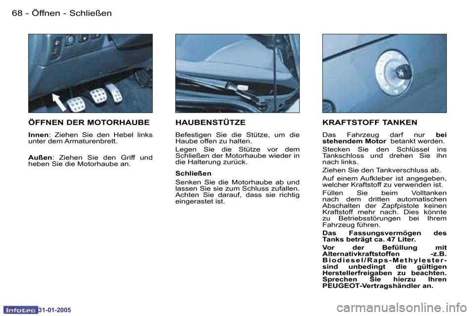 Peugeot 206 CC 2004.5  Betriebsanleitung (in German) �6�8 �-
�3�1�-�0�1�-�2�0�0�5
�6�9
�-
�3�1�-�0�1�-�2�0�0�5
�Ö�F�F�N�E�N� �D�E�R� �M�O�T�O�R�H�A�U�B�E
�I�n�n�e�n
�:�  �Z�i�e�h�e�n�  �S�i�e�  �d�e�n�  �H�e�b�e�l�  �l�i�n�k�s� 
�u�n�t�e�r� �d�e�m� �A�
