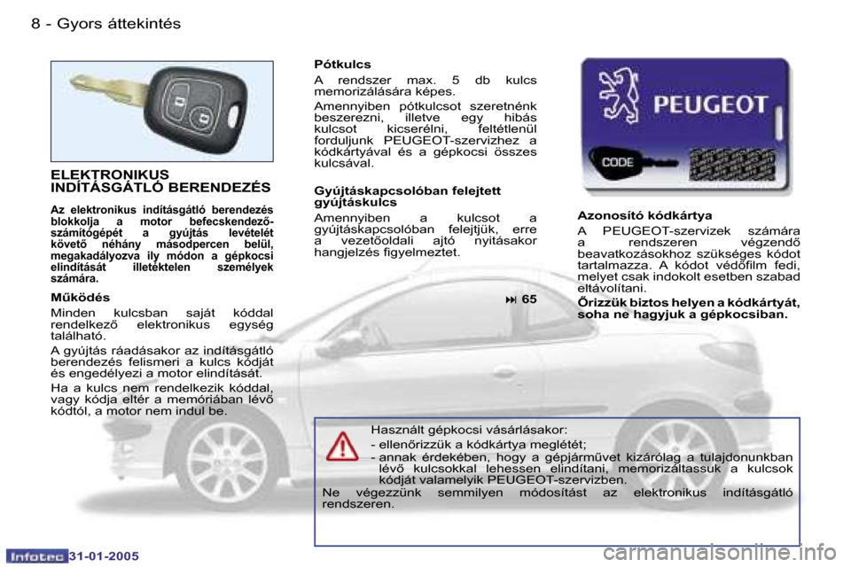 Peugeot 206 CC 2004.5  Kezelési útmutató (in Hungarian) �8 �-
�3�1�-�0�1�-�2�0�0�5
�9
�-
�3�1�-�0�1�-�2�0�0�5
�G�y�o�r�s� �á�t�t�e�k�i�n�t�é�s
�E�L�E�K�T�R�O�N�I�K�U�S�  
�I�N�D�Í�T�Á�S�G�Á�T�L�Ó� �B�E�R�E�N�D�E�Z�É�S
�A�z�  �e�l�e�k�t�r�o�n�i�k�u�s