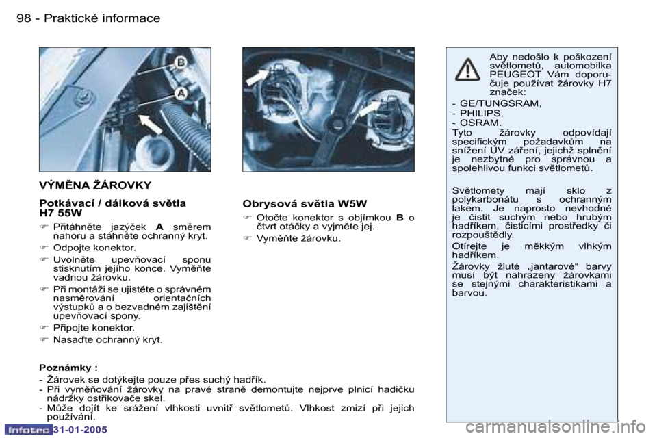 Peugeot 206 CC 2004.5  Návod k obsluze (in Czech) �9�8 �-
�3�1�-�0�1�-�2�0�0�5
�9�9
�-
�3�1�-�0�1�-�2�0�0�5
�V�Ý�M(�N�A� �Ž�Á�R�O�V�K�Y
�P�o�t�k�á�v�a�c�í� �/� �d�á�l�k�o�v�á� �s�v)�t�l�a�  
�H�7� �5�5�W
�F
�  �P9�i�t�á�h�n)�t�e�  �j�a�z�