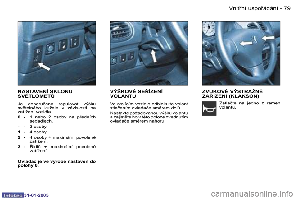 Peugeot 206 CC 2004.5  Návod k obsluze (in Czech) �7�9
�-
�3�1�-�0�1�-�2�0�0�5
�V�n�i�t9�n�í� �u�s�p�o9�á�d�á�n�í
�N�A�S�T�A�V�E�N�Í� �S�K�L�O�N�U�  
�S�V(�T�L�O�M�E�T#
�J�e�  �d�o�p�o�r�u�č�e�n�o�  �r�e�g�u�l�o�v�a�t�  �v�ý�š�k�u�  
�s�v