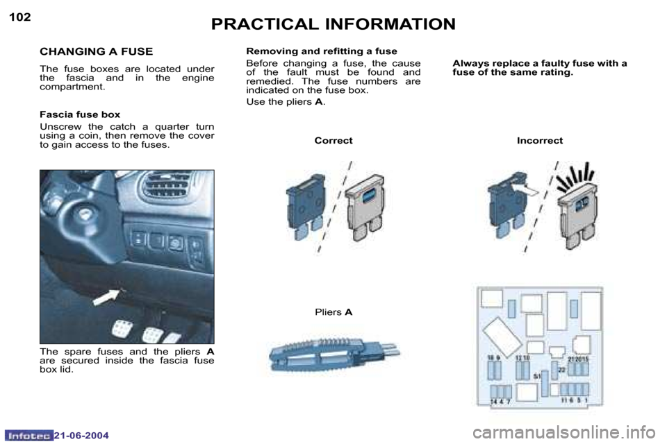 Peugeot 206 CC 2004  Owners Manual �1�0�2
�2�1�-�0�6�-�2�0�0�4
�1�0�3
�2�1�-�0�6�-�2�0�0�4
�P�R�A�C�T�I�C�A�L� �I�N�F�O�R�M�A�T�I�O�N
�R�e�m�o�v�i�n�g� �a�n�d� �r�e�i�t�t�i�n�g� �a� �f�u�s�e 
�B�e�f�o�r�e�  �c�h�a�n�g�i�n�g�  �a�  �f�u