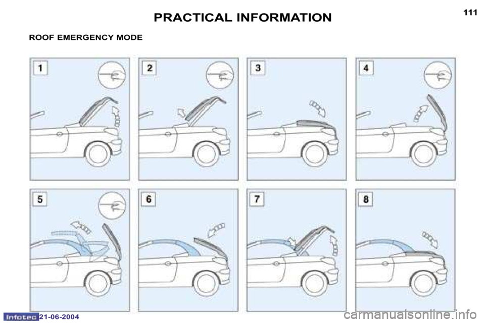 Peugeot 206 CC 2004  Owners Manual �1�1�0
�2�1�-�0�6�-�2�0�0�4
�1�1�1
�2�1�-�0�6�-�2�0�0�4
�P�R�A�C�T�I�C�A�L� �I�N�F�O�R�M�A�T�I�O�N
�R�O�O�F� �E�M�E�R�G�E�N�C�Y� �M�O�D�E  