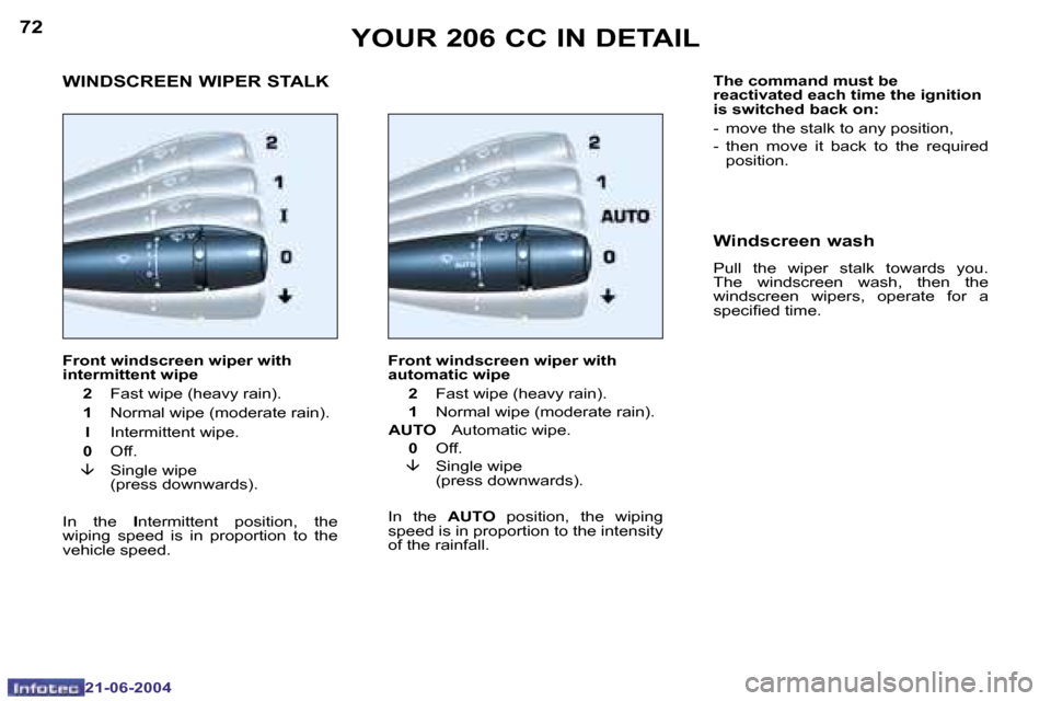 Peugeot 206 CC 2004 Manual PDF �7�2
�2�1�-�0�6�-�2�0�0�4
�7�3
�2�1�-�0�6�-�2�0�0�4
�F�r�o�n�t� �w�i�n�d�s�c�r�e�e�n� �w�i�p�e�r� �w�i�t�h�  
�i�n�t�e�r�m�i�t�t�e�n�t� �w�i�p�e�  
�  �2�  �F�a�s�t� �w�i�p�e� �(�h�e�a�v�y� �r�a�i�n�)
