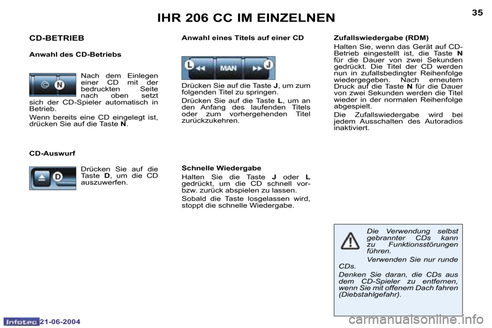 Peugeot 206 CC 2004  Betriebsanleitung (in German) �3�4
�2�1�-�0�6�-�2�0�0�4
�3�5
�2�1�-�0�6�-�2�0�0�4
�I�H�R� �2�0�6� �C�C� �I�M� �E�I�N�Z�E�L�N�E�N
�C�D�-�B�E�T�R�I�E�B� 
�A�n�w�a�h�l� �d�e�s� �C�D�-�B�e�t�r�i�e�b�s� 
�D�r�ü�c�k�e�n� �S�i�e� �a�u�f