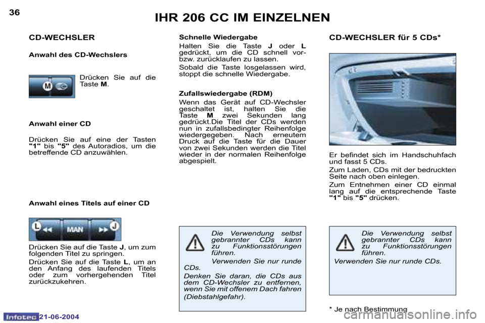 Peugeot 206 CC 2004  Betriebsanleitung (in German) �3�6
�2�1�-�0�6�-�2�0�0�4
�3�7
�2�1�-�0�6�-�2�0�0�4
�I�H�R� �2�0�6� �C�C� �I�M� �E�I�N�Z�E�L�N�E�N
�A�n�w�a�h�l� �e�i�n�e�r� �C�D� �S�c�h�n�e�l�l�e� �W�i�e�d�e�r�g�a�b�e�  
�H�a�l�t�e�n�  �S�i�e�  �d�