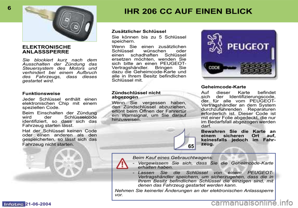 Peugeot 206 CC 2004  Betriebsanleitung (in German) �6�5
�6
�2�1�-�0�6�-�2�0�0�4
�7
�2�1�-�0�6�-�2�0�0�4
�I�H�R� �2�0�6� �C�C� �A�U�F� �E�I�N�E�N� �B�L�I�C�K
�E�L�E�K�T�R�O�N�I�S�C�H�E�  
�A�N�L�A�S�S�S�P�E�R�R�E� 
�S�i�e�  �b�l�o�c�k�i�e�r�t�  �k�u�r�