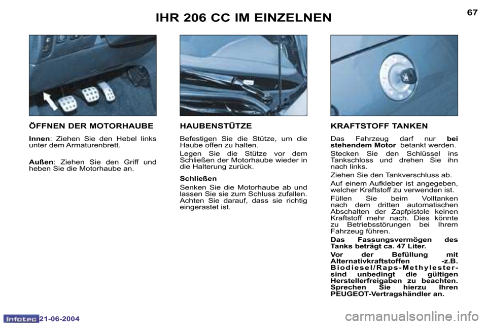 Peugeot 206 CC 2004  Betriebsanleitung (in German) �6�6
�2�1�-�0�6�-�2�0�0�4
�6�7
�2�1�-�0�6�-�2�0�0�4
�Ö�F�F�N�E�N� �D�E�R� �M�O�T�O�R�H�A�U�B�E
�I�n�n�e�n�:�  �Z�i�e�h�e�n�  �S�i�e�  �d�e�n�  �H�e�b�e�l�  �l�i�n�k�s� 
�u�n�t�e�r� �d�e�m� �A�r�m�a�t