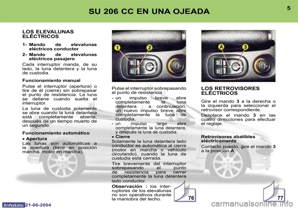 Peugeot 206 CC 2004  Manual del propietario (in Spanish) �7�7�7�6
�4
�2�1�-�0�6�-�2�0�0�4
�5
�2�1�-�0�6�-�2�0�0�4
�S�U� �2�0�6� �C�C� �E�N� �U�N�A� �O�J�E�A�D�A�L�O�S� �R�E�T�R�O�V�I�S�O�R�E�S�  
�E�L�É�C�T�R�I�C�O�S
�G�i�r�e�  �e�l�  �m�a�n�d�o� �3�  �a� 