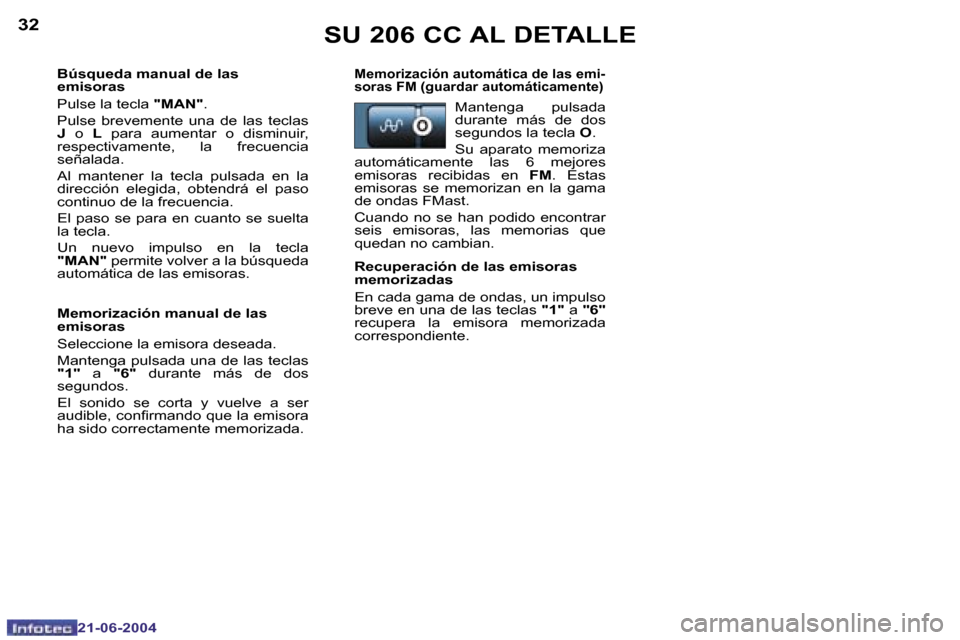 Peugeot 206 CC 2004  Manual del propietario (in Spanish) �3�2
�2�1�-�0�6�-�2�0�0�4
�3�3
�2�1�-�0�6�-�2�0�0�4
�S�U� �2�0�6� �C�C� �A�L� �D�E�T�A�L�L�E
�B�ú�s�q�u�e�d�a� �m�a�n�u�a�l� �d�e� �l�a�s�  
�e�m�i�s�o�r�a�s 
�P�u�l�s�e� �l�a� �t�e�c�l�a� �"�M�A�N�"